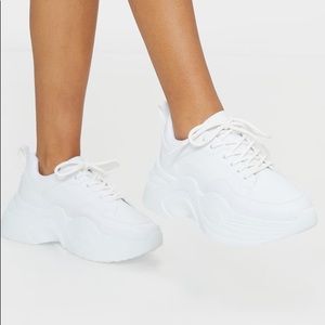 White chunky faux leather trainers
